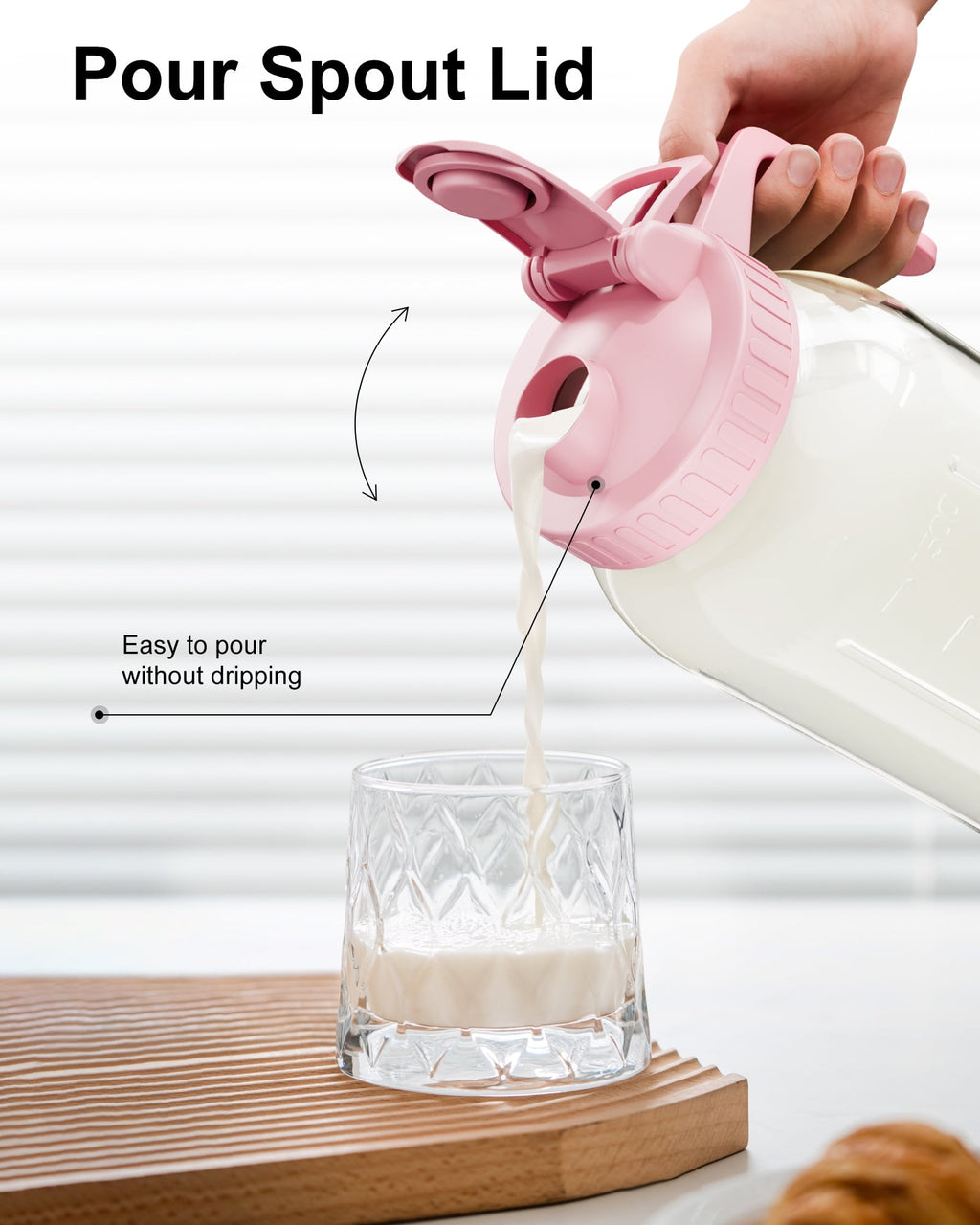 Breast Milk Pitcher 32oz Mason Jar with Wide Mouth and Handle-Pink Glass Pitcher with Flip Cap Lid and Pour Spout Airtight Seal for Cold Beverages