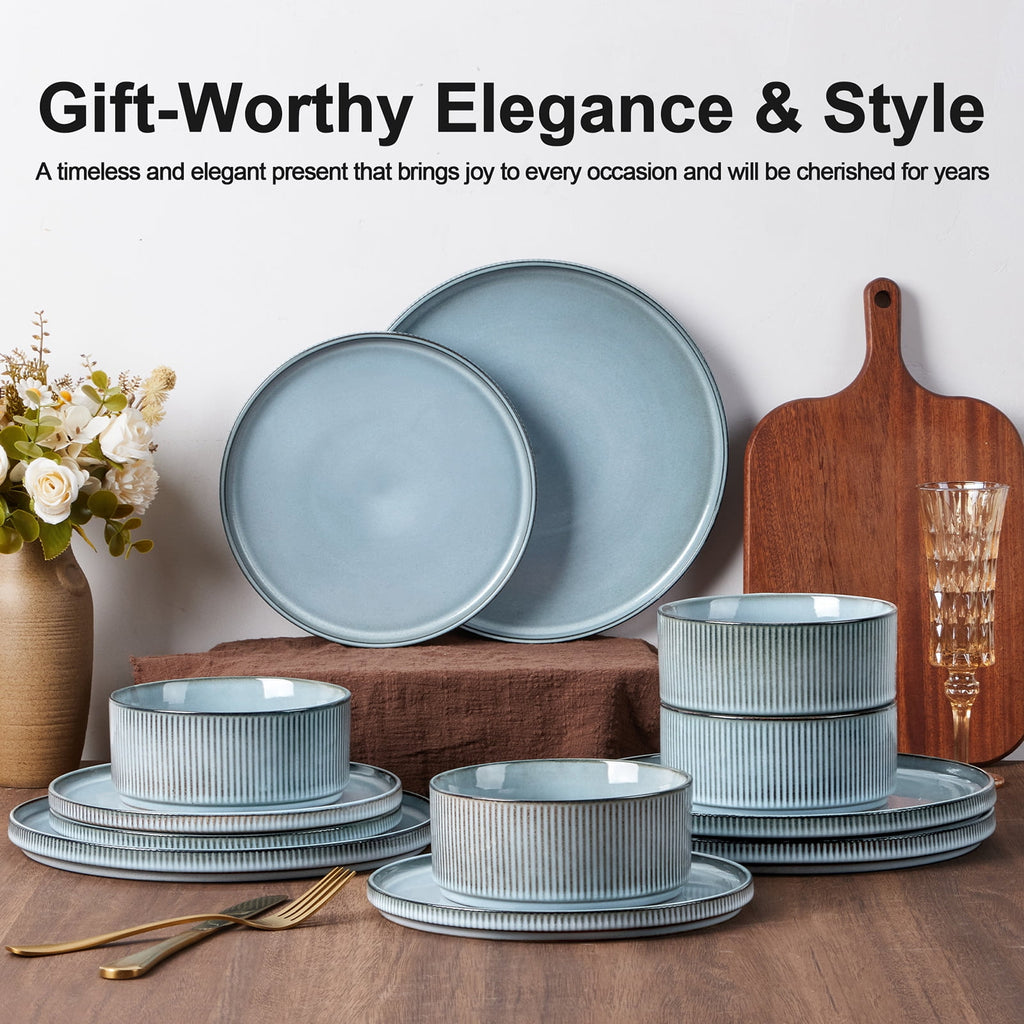 Vesteel 12 Pieces Dinnerware Set for 4, Premium Stoneware Ribbed Dishes, Chip & Scratch Resistant Plates and Bowls Set for Home Restaurant, Microwave and Dishwasher Safe - Speckled White
