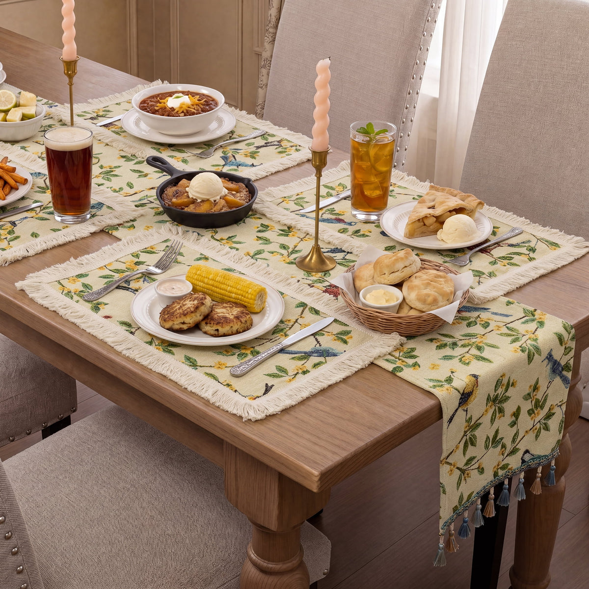 MeyJey Table Runner and Placemats Set of 4, Washable Fabric Rectangle Dining Table Mats with Tassels for Dining Tables, Kitchen, Red/Beige