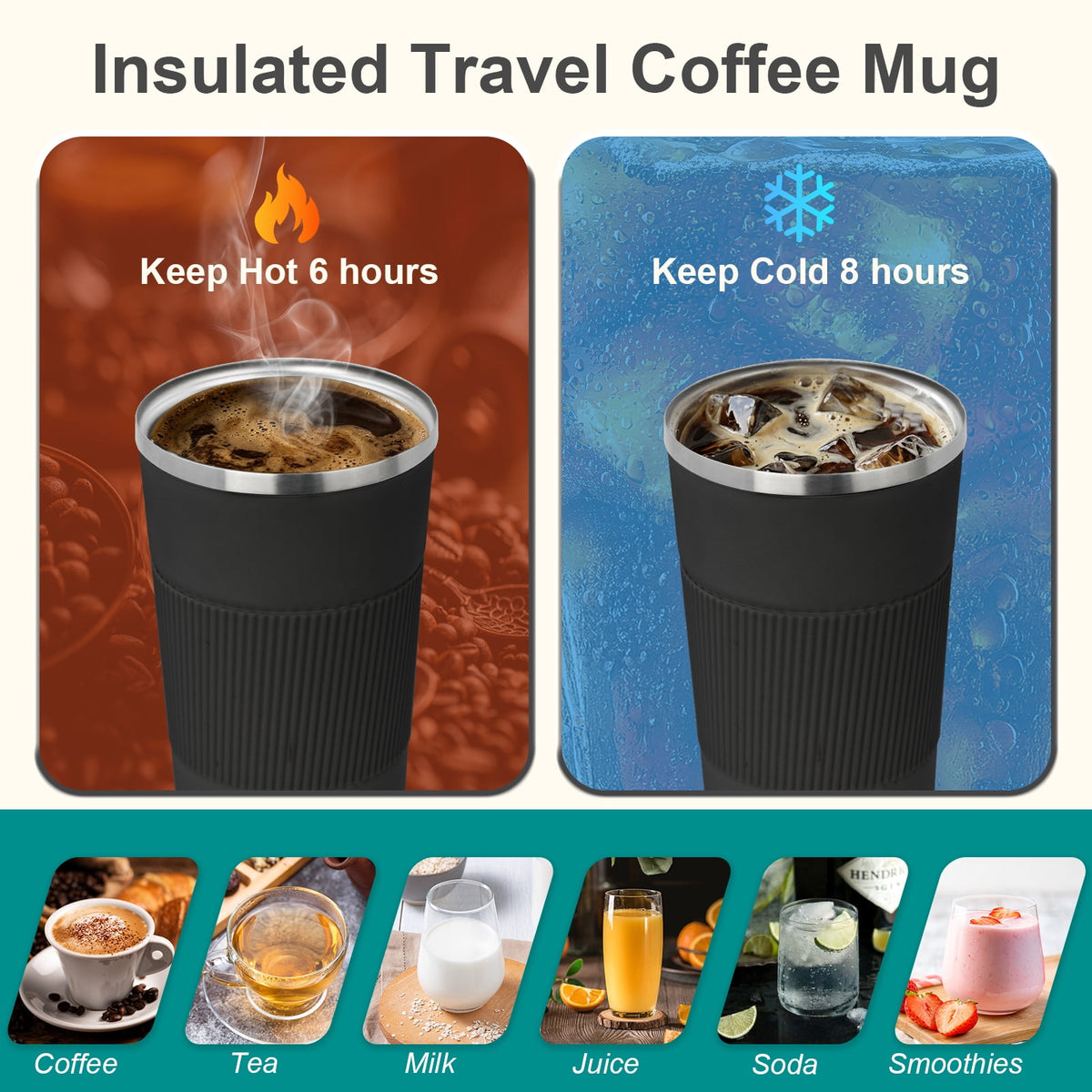 Vaparinckl Travel Coffee Mug, 17 oz Stainless Steel Vacuum Insulated Coffee Tumbler with Lid, Reusable Cup for Hot & Cold Drinks, Black