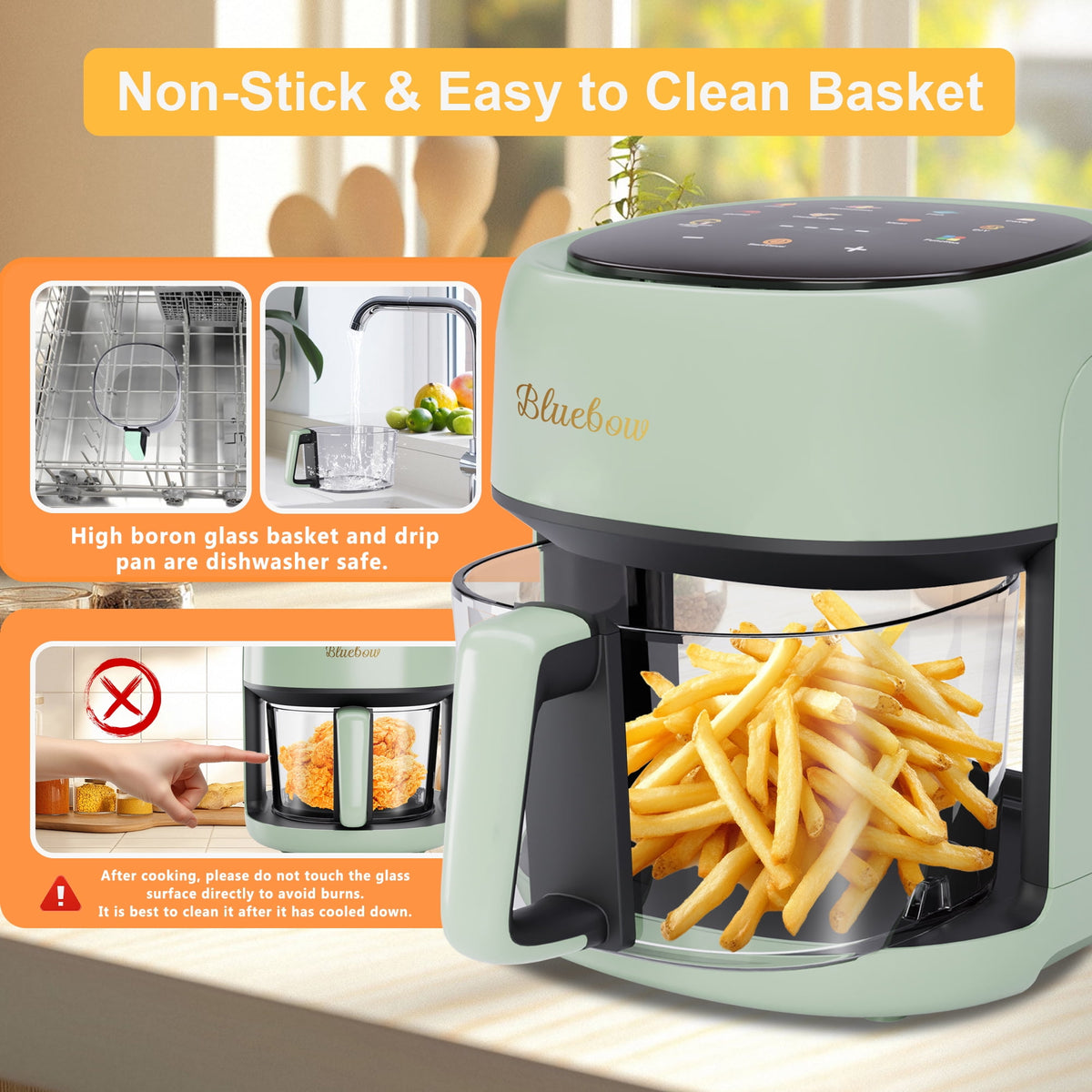 Bluebow 5 Quart Air Fryer with 360° Viewing Glass Pot, 8-in-1 Digital Touchscreen, Nonstick & Dishwasher Safe Basket, Less Oil, 1350W (White)