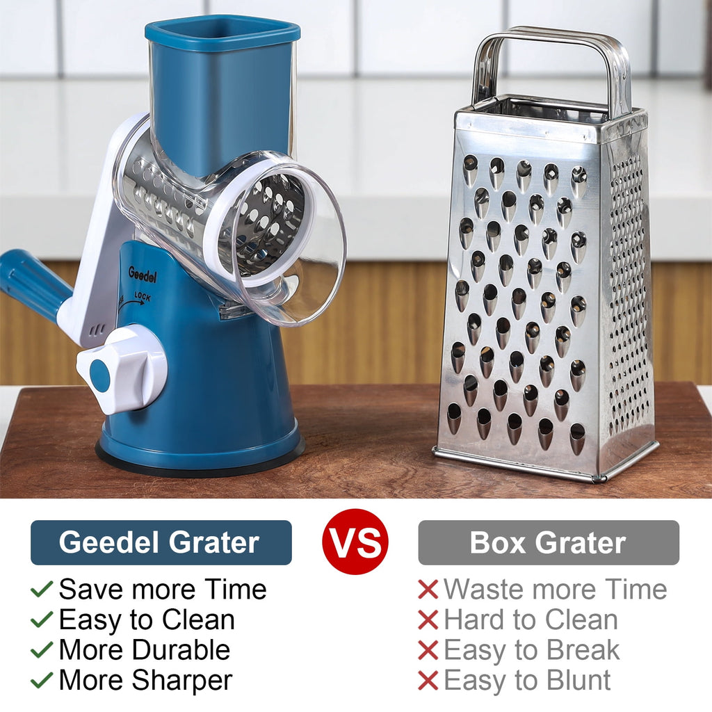 Geedel Rotary Cheese Grater, Kitchen Grater with Strong Suction Base, Dishwasher Safe, Easy to Clean Grater for Cheese,Vegetable, Nuts (3 Blades)