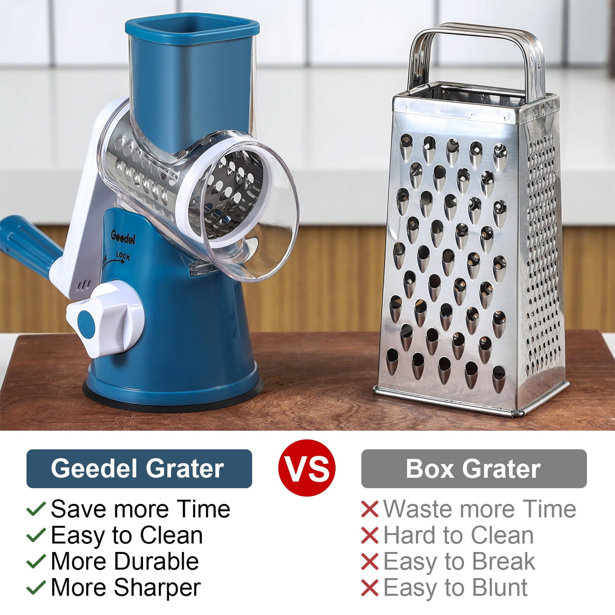 Geedel Rotary Cheese Grater, Kitchen Grater with Strong Suction Base, Dishwasher Safe, Easy to Clean Grater for Cheese,Vegetable, Nuts (3 Blades)