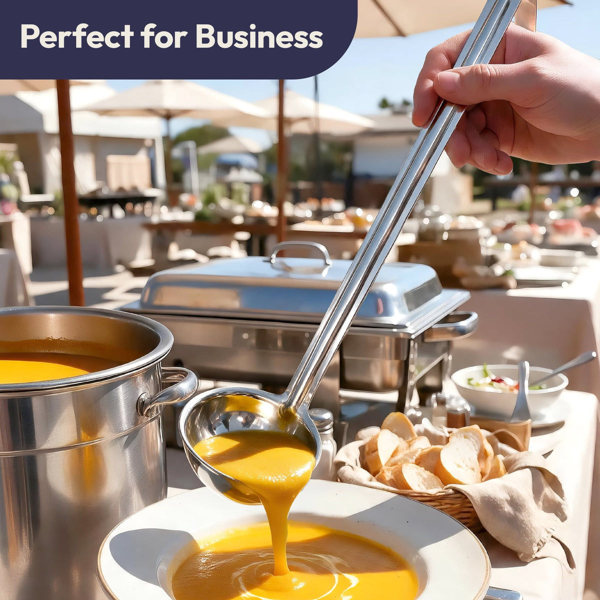 [2 Pack] 6 Oz Stainless Steel Soup Ladle - One-Piece Sauce Spatula with Hook Handles, Commercial Grade Serving Spoon, Kitchen Tool for Restaurant or Home Cooking, Mirror Finish, 14.25" Long