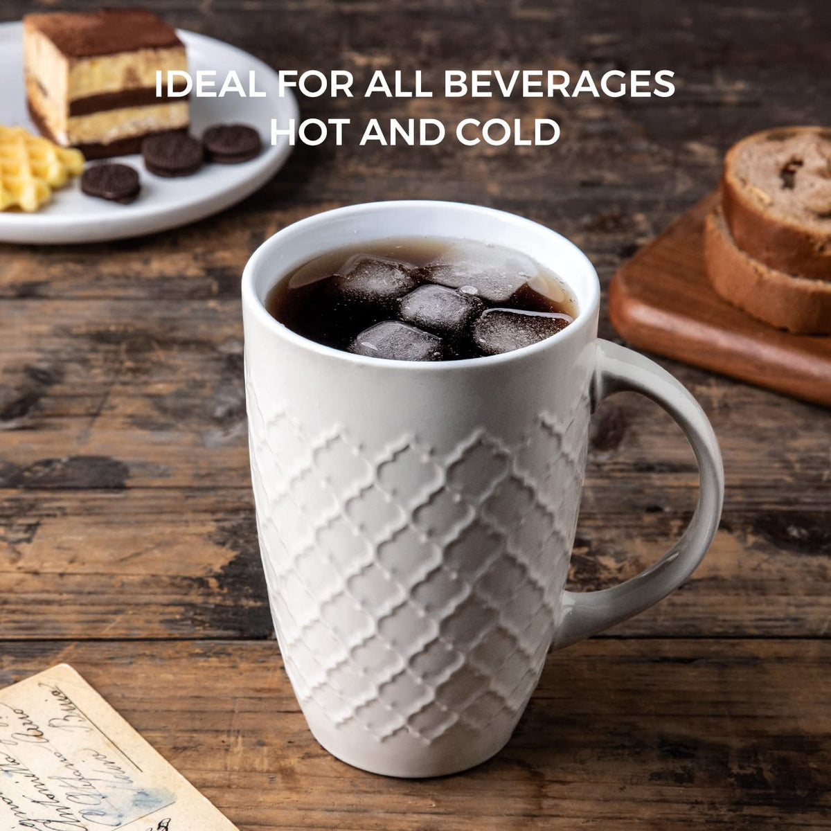AmorArc Extra Large Coffee Mugs Set of 6, 20oz Ceramic Tall Coffee Mugs Set with Textured Geometric Patterns for Coffee/Tea/Beer/Hot Cocoa, Dishwasher & Microwave Safe,Beige