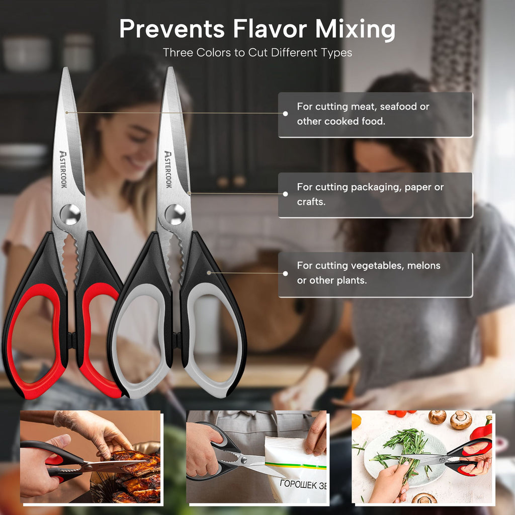 Astercook 2 Pcs Kitchen Scissors, Heavy Duty Shears with Serrated Blade, Ergonomic Handle Food Scissor for Poultry, Herbs, Vegetables Dishwasher Safe