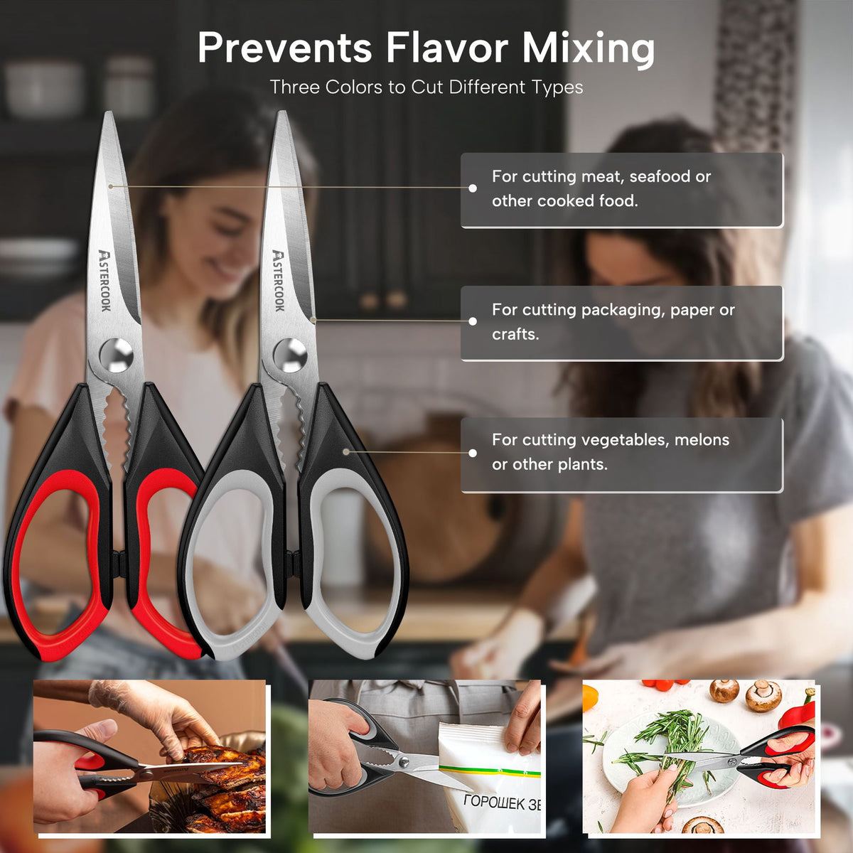 Astercook 2 Pcs Kitchen Scissors, Heavy Duty Shears with Serrated Blade, Ergonomic Handle Food Scissor for Poultry, Herbs, Vegetables Dishwasher Safe