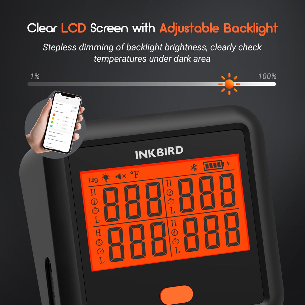 INKBIRD Bluetooth Meat Thermometer for Grilling and Smoking, Grill Thermometer with 4 Meat Probes, Stepless Dimming Backlit LCD, Free App Control, Temperature Pre-Alarm,Temperature Alarms