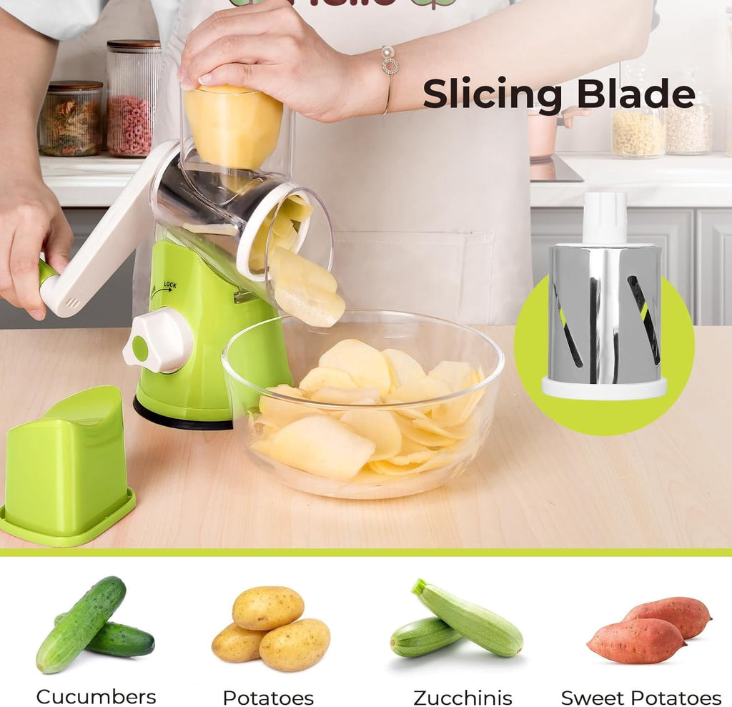 Premium Rotary Cheese Grater, Manual Cheese Grater for Kitchen, Handheld Vegetables Slicer Cheese Shredder with Rubber Suction Base, 3 Stainless Drum Blades Included,Blue