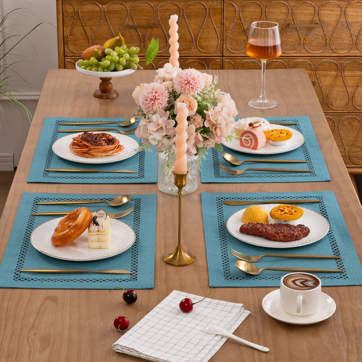 Placemats Set of 4, Yamaziot Double Layer Cloth Fabric Heat Resistant Place Mat, Washable Reversible Rectangle Dining Table Mats, Hollow Khaki, 12"x18"