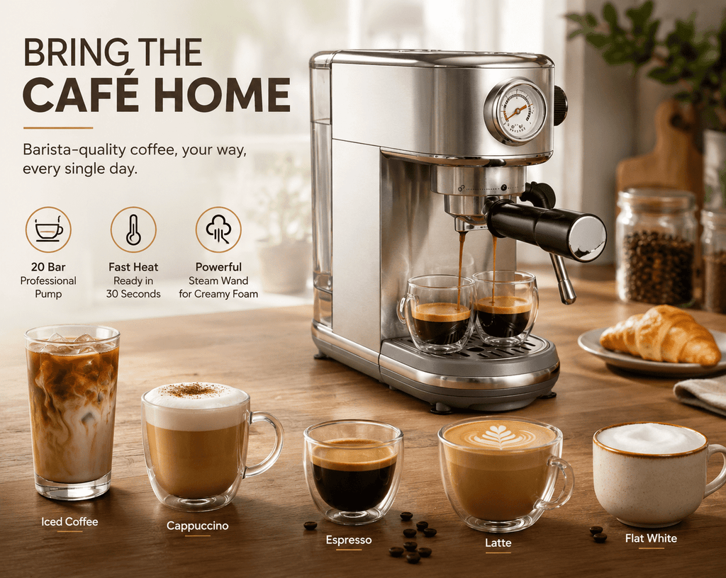 20 Bar Espresso Machine with Milk Frother, Steam Wand & Pressure Gauge, Amumu Compact Stainless Steel Coffee Maker for Cappuccino & Latte, Silver