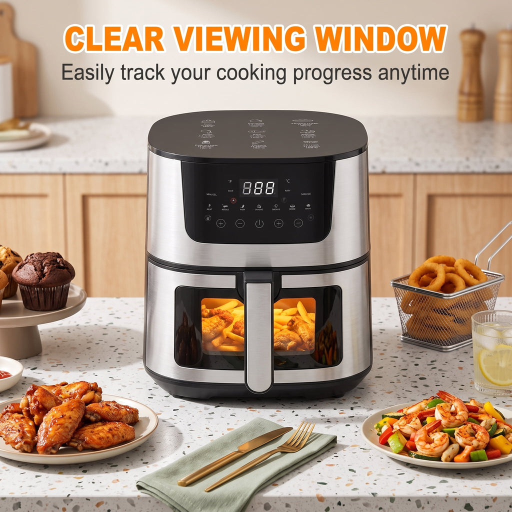 Yilush 7.5 Qt. Air Fryer 9 Functions w/ Touch Controls, HI-FRY Button, Stainless Steel（Black）