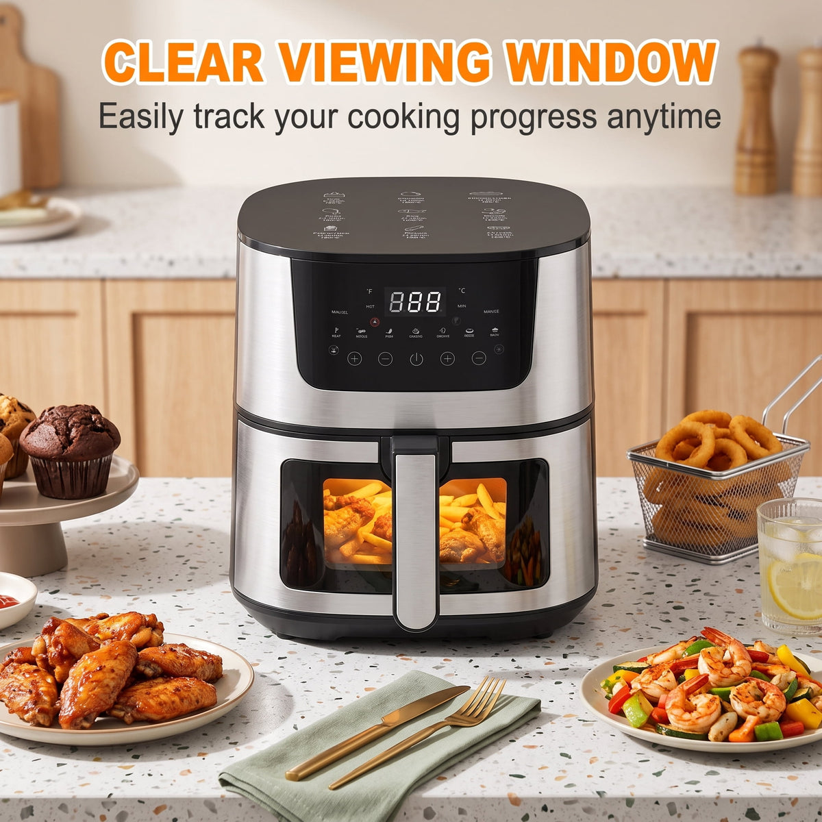 Yilush 7.5 Qt. Air Fryer 9 Functions w/ Touch Controls, HI-FRY Button, Stainless Steel（Black）