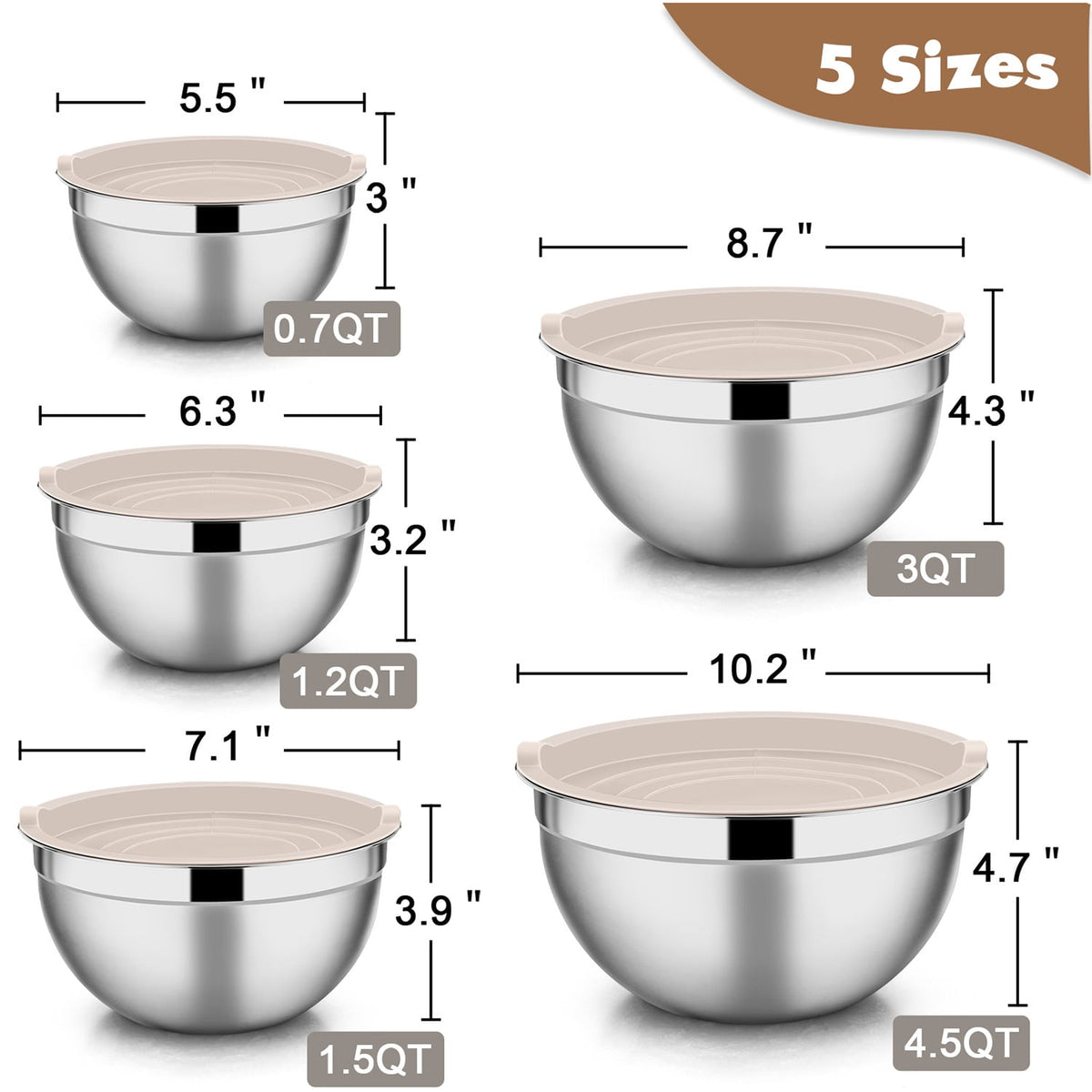 Mixing Bowls with Lids Set of 5, Vesteel Stainless Steel Mixing Bowls Metal Nesting Salad Bowls, Size 4.5, 3, 1.5, 1, 0.7 QT Great for Cooking, Baking, Serving - Multi-Color