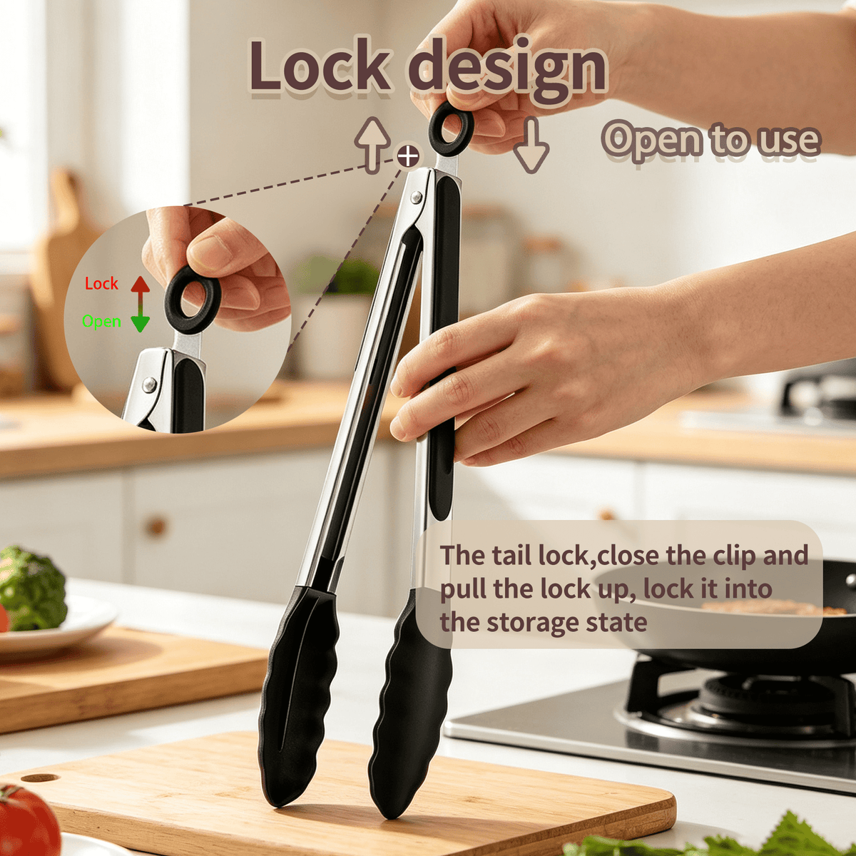 Non-stick black kitchen tongs with silicone tips, heat-resistant up to 480°F, 3-piece set (7“, 9”, 12"), featuring non-stick silicone tips and stainless steel handles. Ideal for cooking, serving, gri