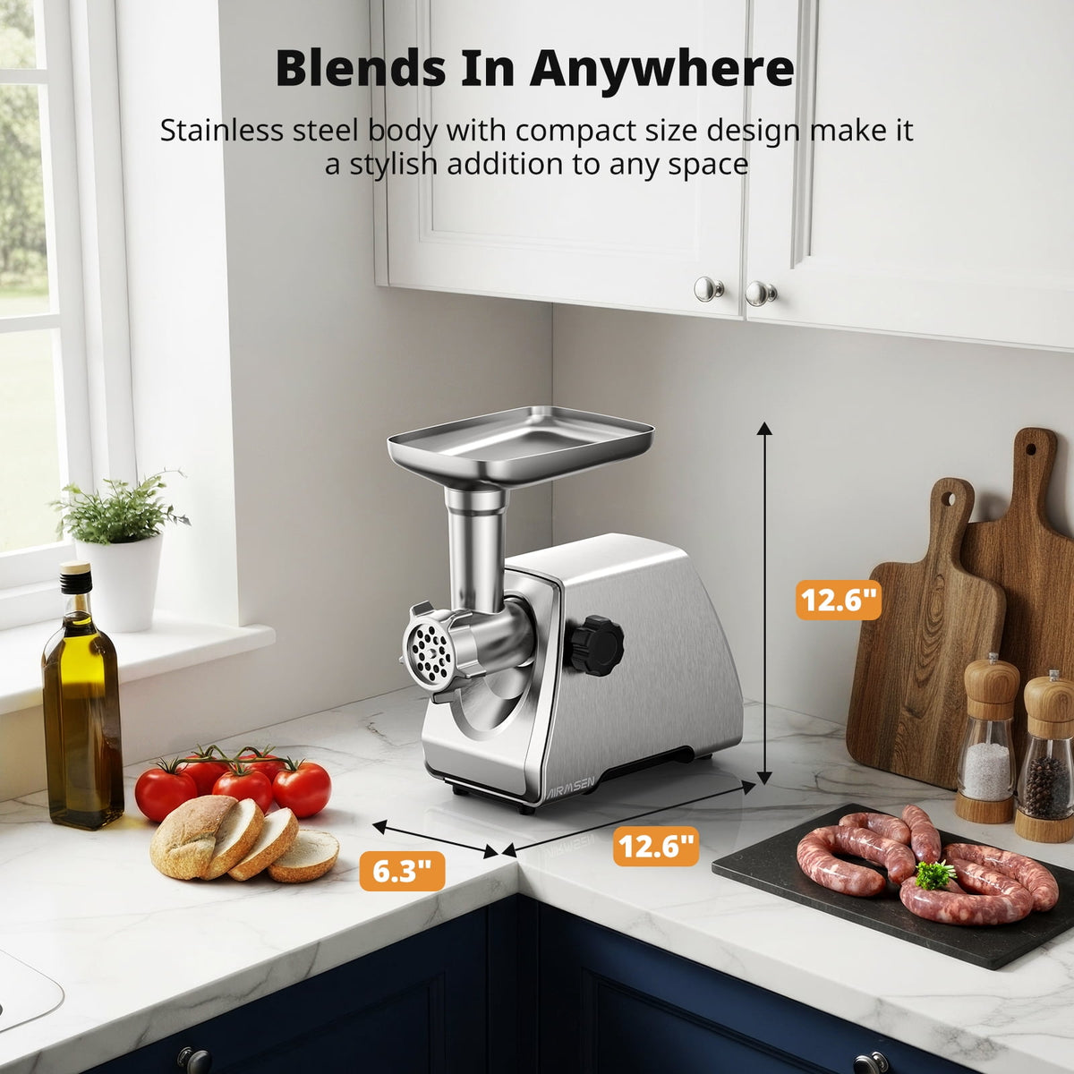AIRMSEN Stainless Steel Meat Grinder, Electric 3 in 1 Meat Mincer with 2 Blades & 3 Plates, Sausage & Kubbe Maker Kit, Fixed Lock, Double Switch, Food Grinder for Home Kitchen Use