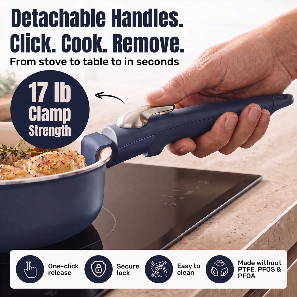 Gotham Steel 18 Pcs Pots and Pans set Non Stick, Ceramic Pan Cookware Set W/ Detachable Handle, RV Kitchen Cooking Set with Secure Lock Removable Handles, Oven Safe Nonstick Pan Set, Blue
