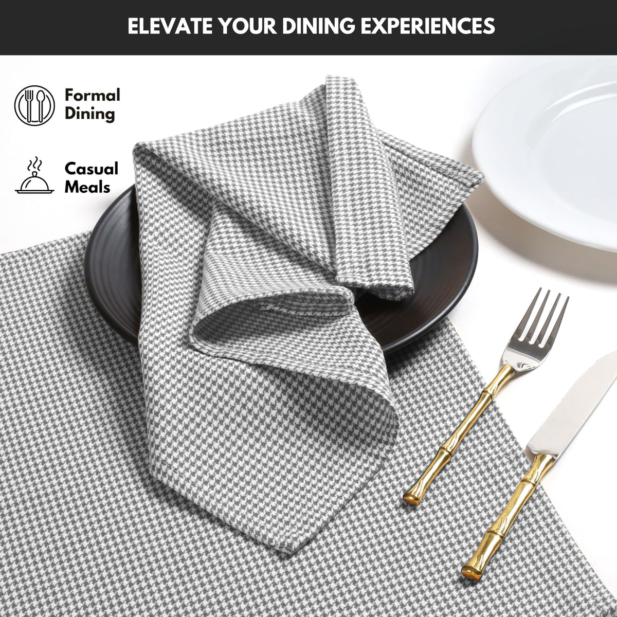 Softopia Cotton Cloth Napkin 100% Cotton 18"x18" Decorative Washable Table Houndstooth Check Napkins Set of 4 for Dining, Holidays, Buffet Parties & Wedding Use - Grey