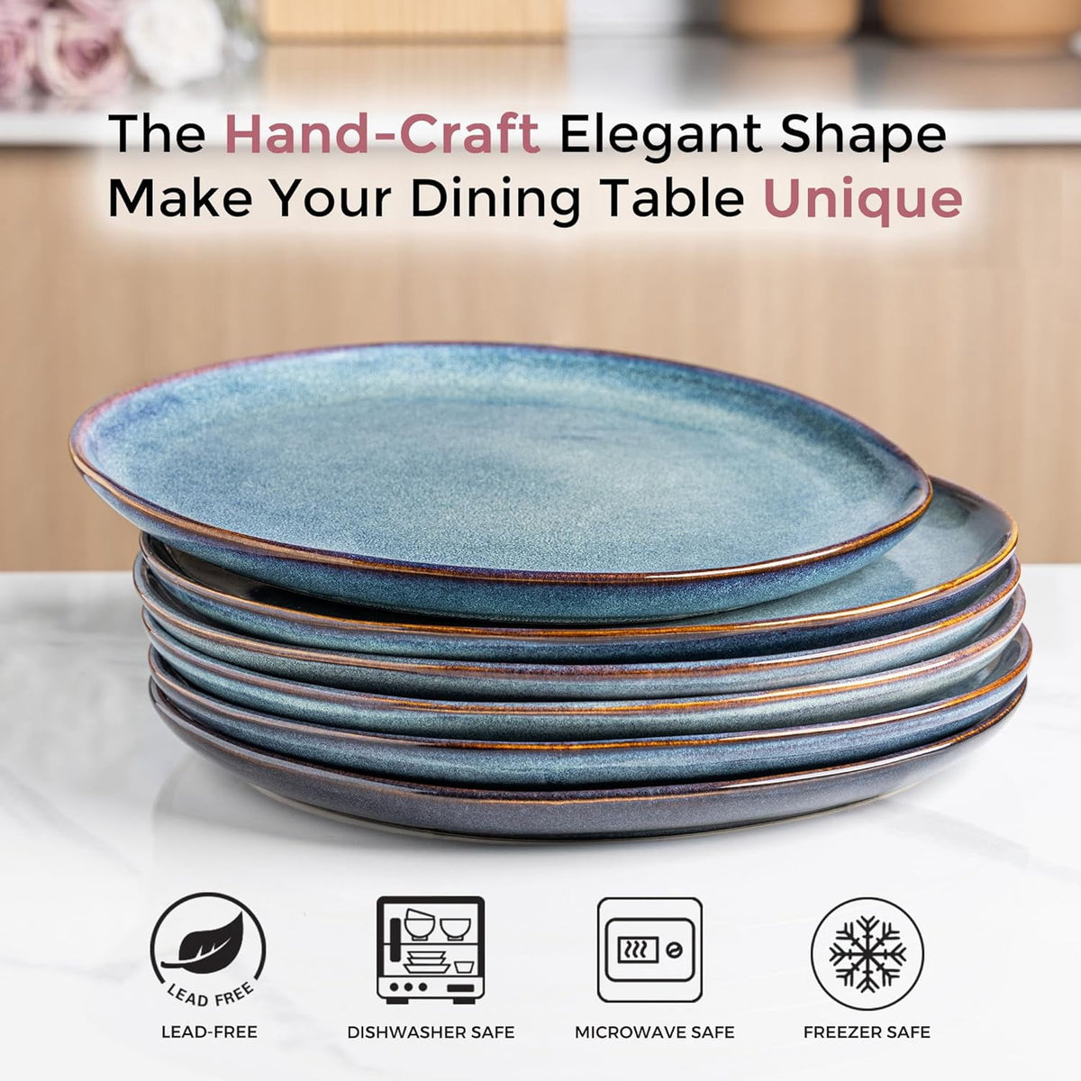 AmorArc Ceramic Dinner Plates Set of 6,10.5 Inch Handmade Reactive Glaze Stoneware Plates,Large Rustic Shape Dinnerware Dish Set for Kitchen, Microwave & Dishwasher Safe,Scratch Resistant-Pearl White