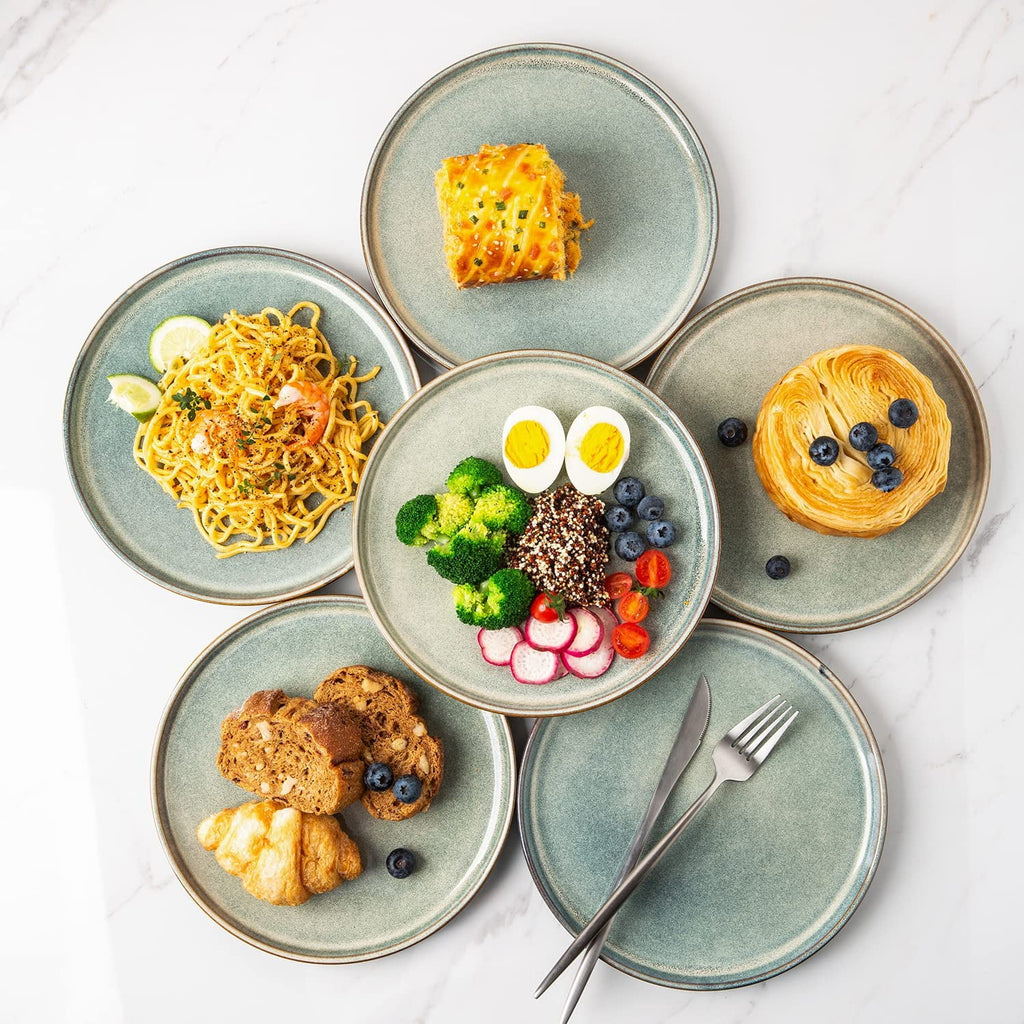 AmorArc Ceramic Plates Set of 6, 8.5 Inch Handmade Reactive Glaze Stoneware Plates set for Dessert, Salad, Appetizer, Dinner, Microwave & Dishwasher Safe, Scratch Resistant-Gade Green