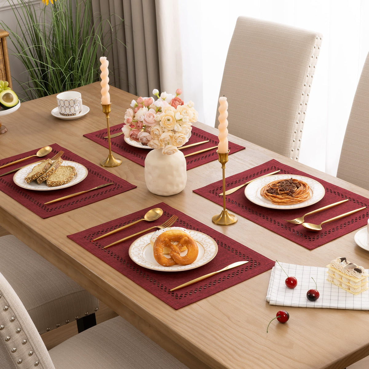 Placemats Set of 4, Yamaziot Double Layer Cloth Fabric Heat Resistant Place Mat, Washable Reversible Rectangle Dining Table Mats, Hollow Khaki, 12"x18"
