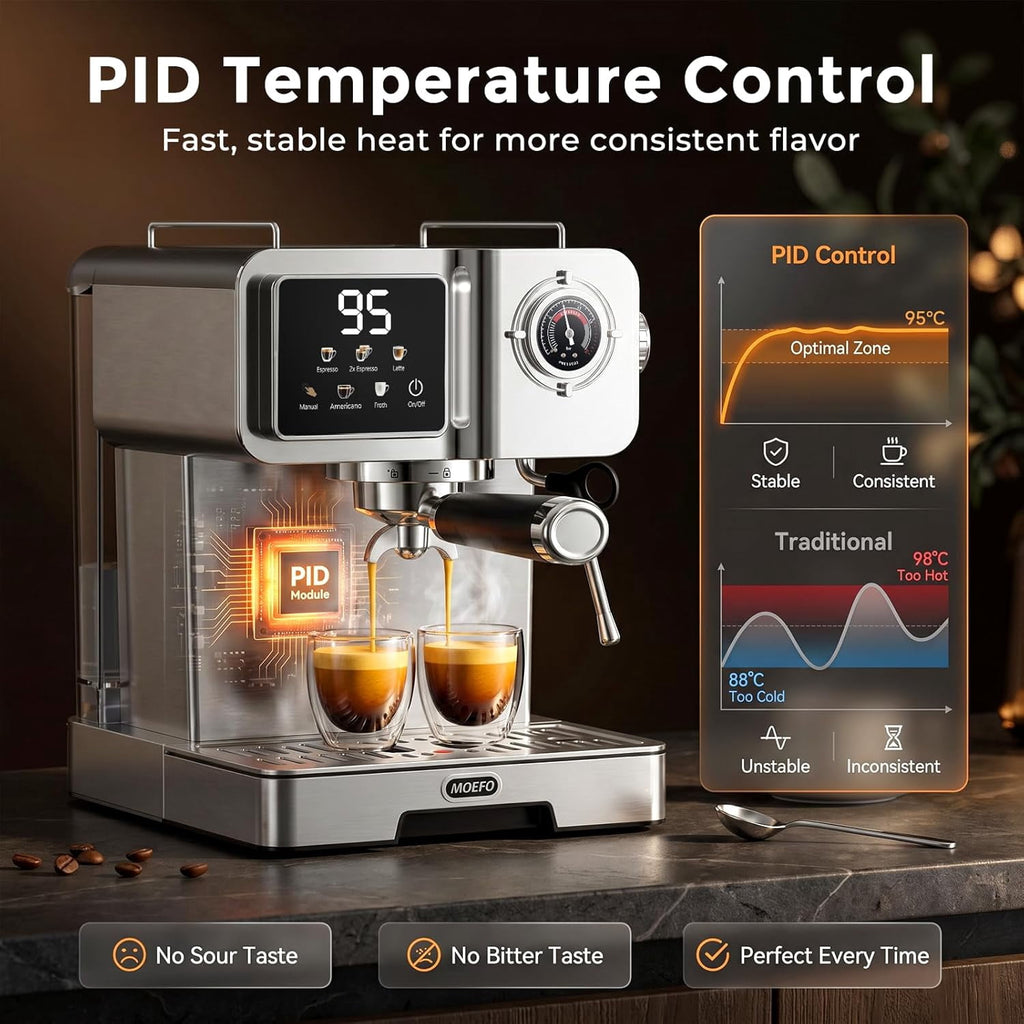 MOEFO 58mm Espresso Machine with Milk Frother, Semi Automatic Coffee Maker with Touchscreen LCD Display & Pressure Gauge, Stainless Steel Espresso Maker for Latte, Cappuccino and Americano, Silver