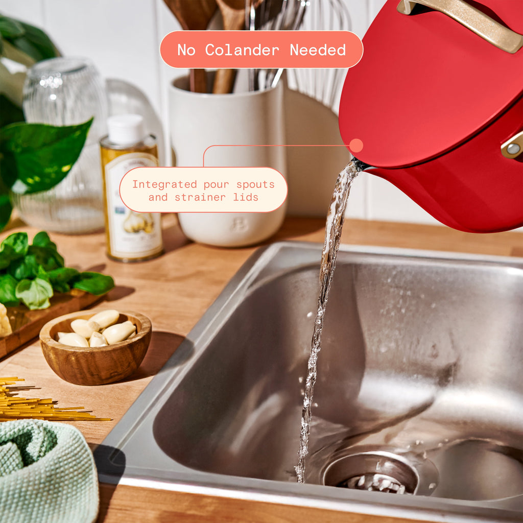Beautiful 12-Piece Cookware Set, Pots and Pans with Strainer Lids and EverGood Ceramic Nonstick Coating, White Icing by Drew Barrymore