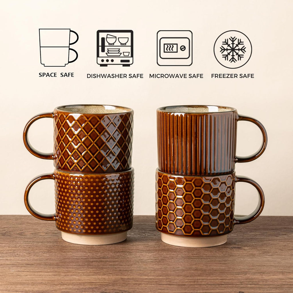 AmorArc 12OZ Stackable Ceramic Coffee Mugs with Texture Patterns, Modern Mug Set of 4 for Latte, Cappuccino and Cocoa, Dishwasher & Microwave Safe, off-white