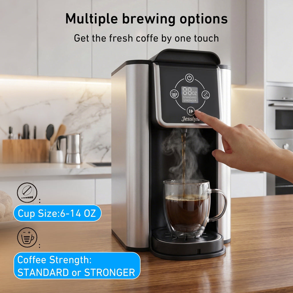 Jesslyn 3 in 1 Single Serve Coffee Maker: K Cup Coffee Machine Compatible with Grounds, Instant Coffee Pot, Tea Maker Brewer - Removable 50 oz Water Reservoir, 120V 1150W, Black