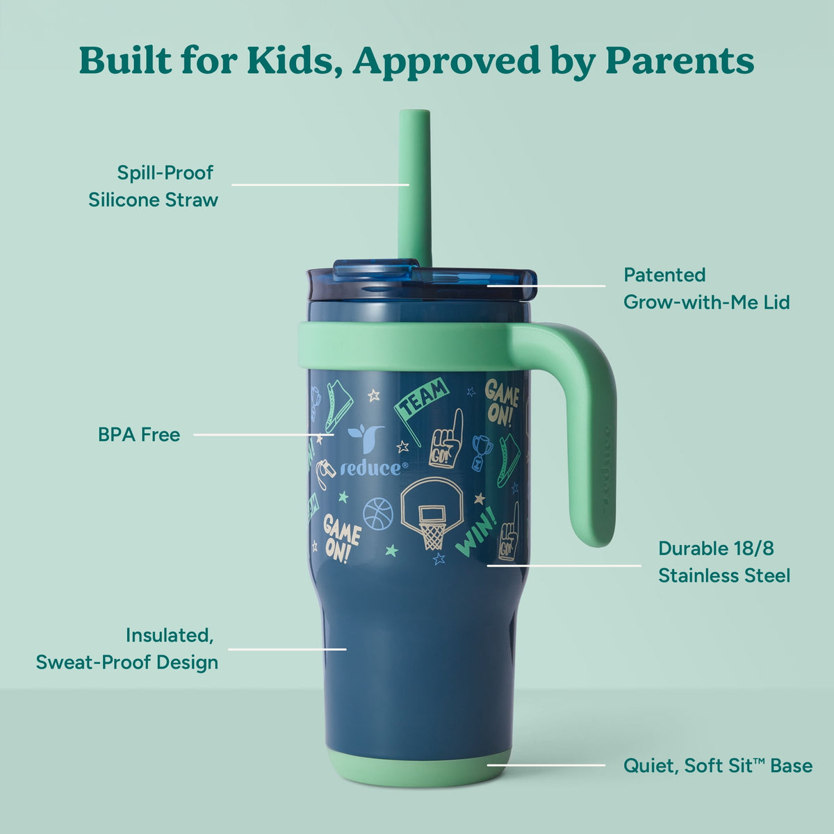 Reduce Coldee Kids Insulated Tumbler with Straw, 18oz Stainless Steel Spill-Proof Cup with Handle, Ice Cream