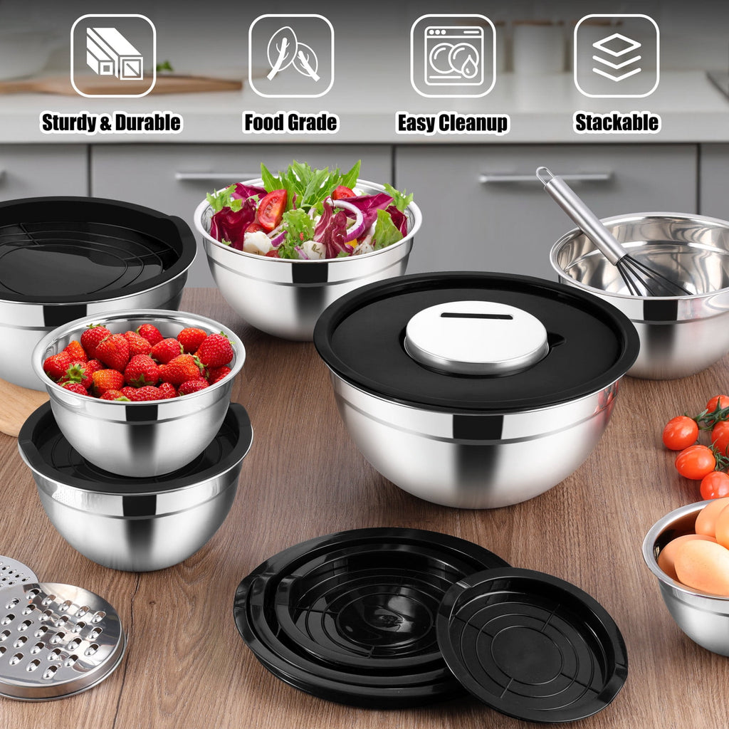 Mixing Bowls with Lids Set of 5, Vesteel Stainless Steel Mixing Bowls Metal Nesting Salad Bowls, Size 4.5, 3, 1.5, 1, 0.7 QT Great for Cooking, Baking, Serving - Multi-Color
