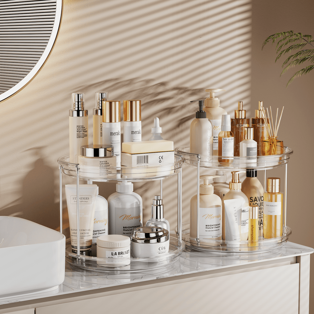 ROSSNY 2 Pack 9.25" 2-Tier Lazy Susan Turntable Organizer Countertop Kitchen Organization and Storage Spice Rack Bathroom Vanity Holder, Clear