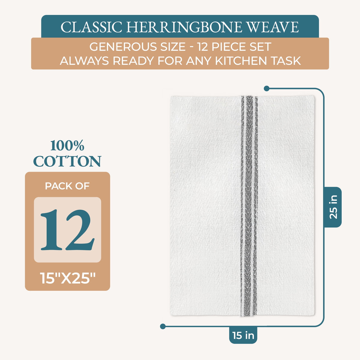 Kitchen Towels Set - 100% Pure Cotton Super Absorbent Hand Towel, Grey Tea Towels, Soft & Durable, Pack of 12 – 15”x25”, Grey Stripe
