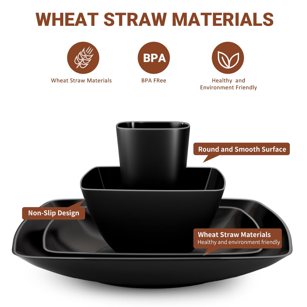 TINANA Wheat Straw Dinnerware Sets, Service for 4, 16 PCS Unbreakable Plastic Dinnerware, Dishwasher Microwave Safe - Black