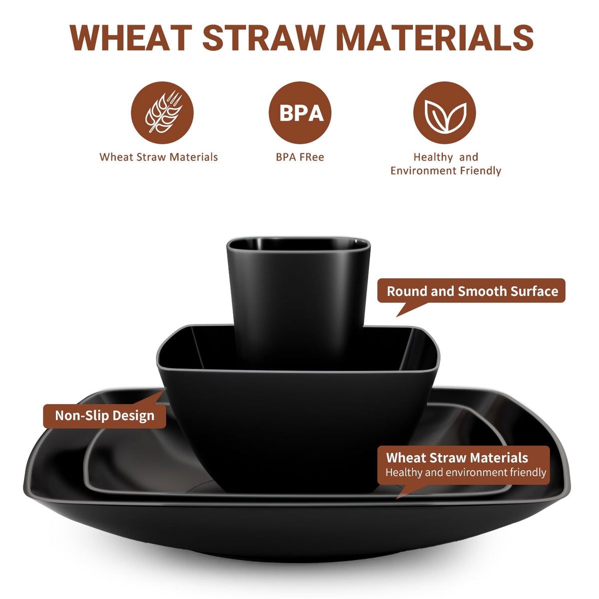 TINANA Wheat Straw Dinnerware Sets, Service for 4, 16 PCS Unbreakable Plastic Dinnerware, Dishwasher Microwave Safe - Black
