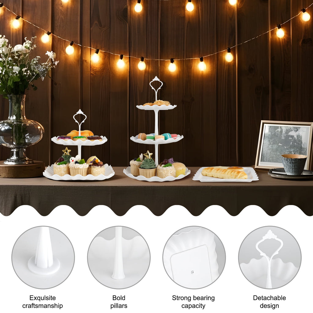 TINANA 10 PCS Plastic Cake and Cupcake Stand Set, 3 Two-Tier Stands, 3 Three-Tier Stands, 4 Trays for Birthday and Baby Shower Parties, White