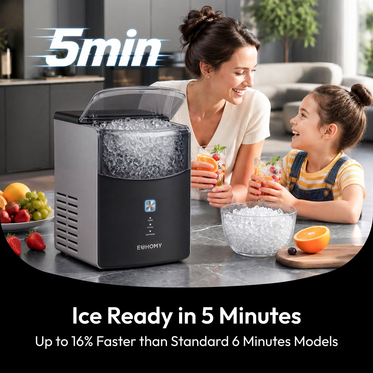 EUHOMY Countertop Nugget Ice Maker, 35lbs/24H Chewable Ice Machine, Self-Cleaning, Quiet Operation, Portable for Home, Office, Bar & RV, Black