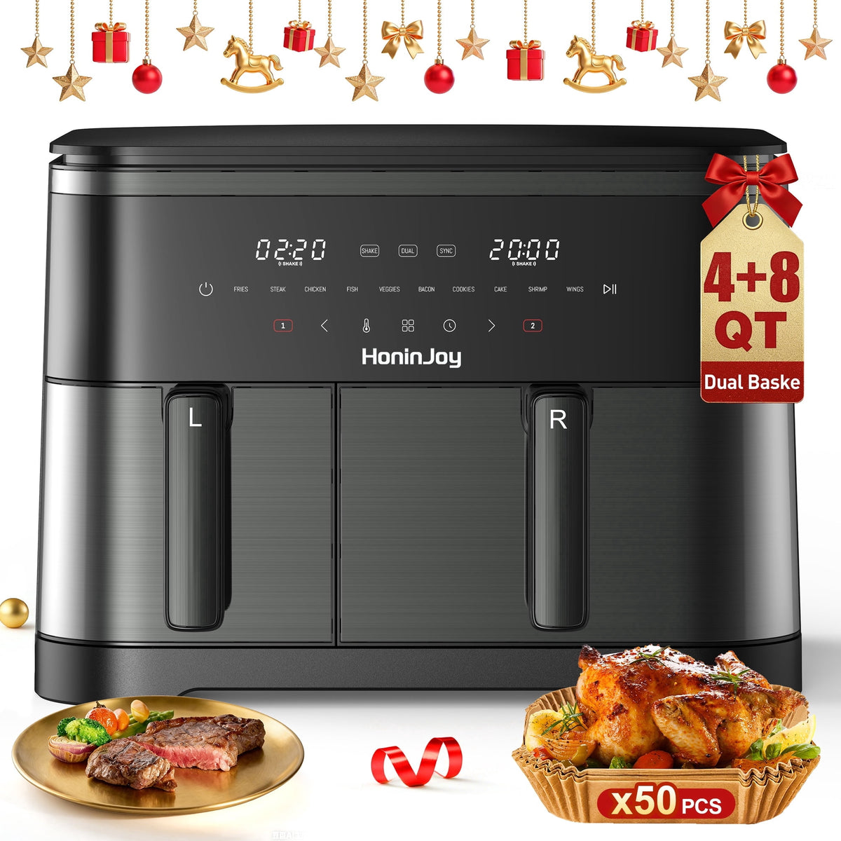 HoninJoy 12 QT Large Dual Basket Air Fryer, With Visible Cooking Window( 50PCS Air Fryer Liners Included)-New