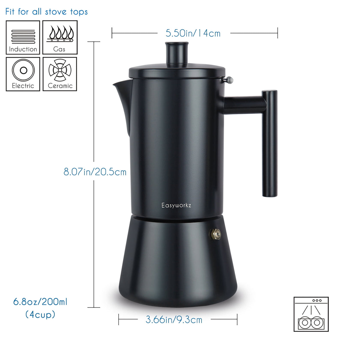 Easyworkz Diego 12 Cup Stovetop Espresso Maker Stainless Steel Italian Coffee Maker Black, 17.5 oz