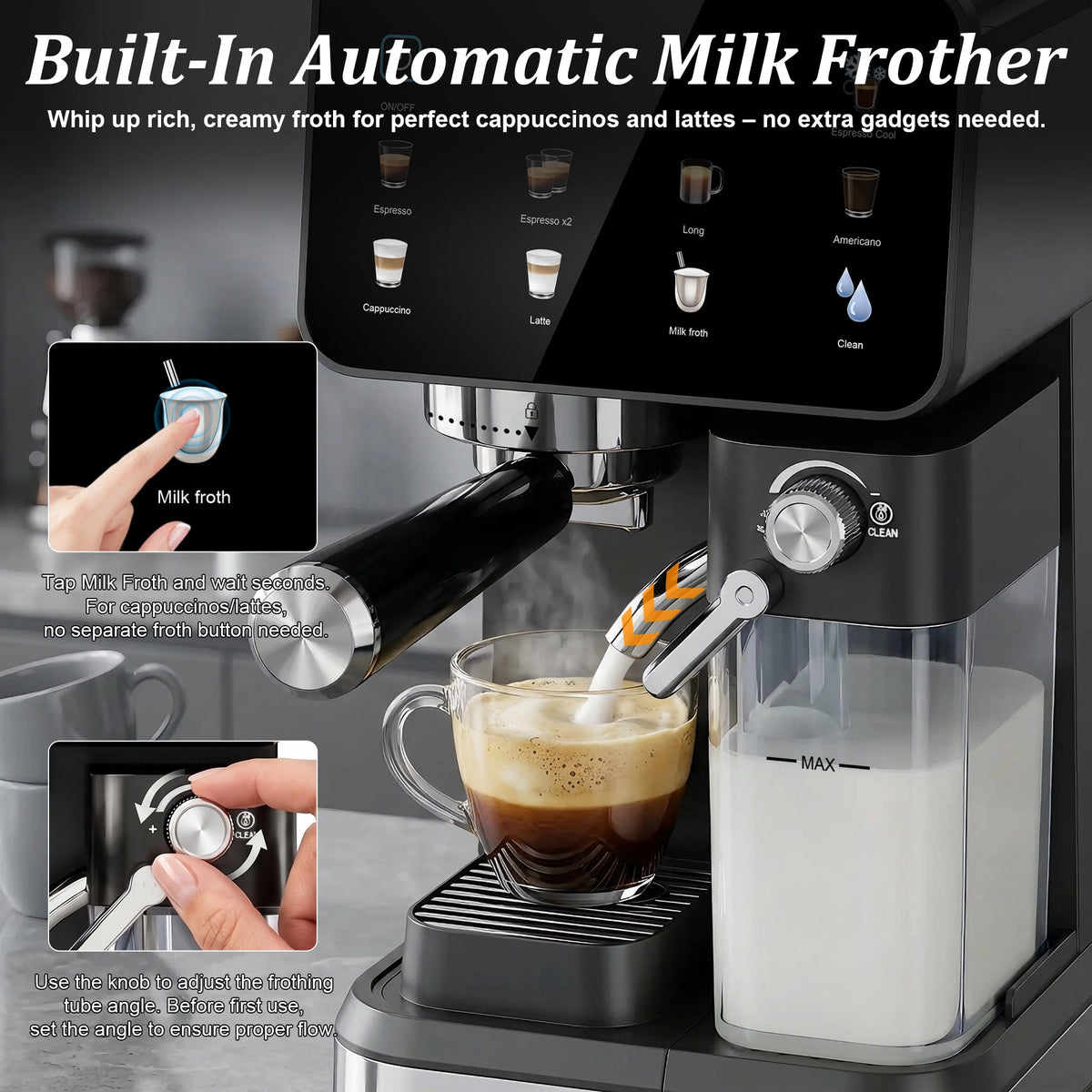 Espresso Machine with Built-In Milk Frother, 20-Bar Color Touchscreen Automatic Coffee Maker for Cold Brew Americano Cappuccino Latte, Perfect for Home Office Use, Black
