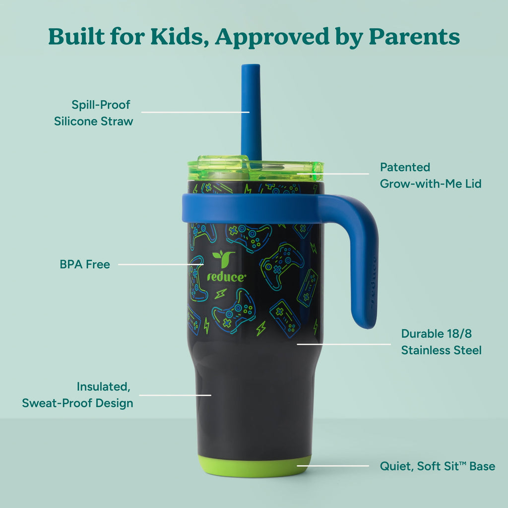 Reduce Coldee Kids Insulated Tumbler with Straw, 18oz Stainless Steel Spill-Proof Cup with Handle, Smiles