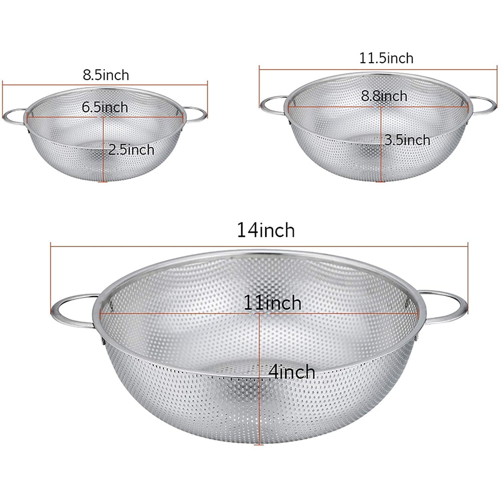 VeSteel Colander Set of 3, Stainless Steel Micro-Perforated Colanders Strainers for Draining Rinsing Washing, Ideal for Pasta Vegetables Fruits, Heavy Duty & Dishwasher Safe - 1/3/5 Quart