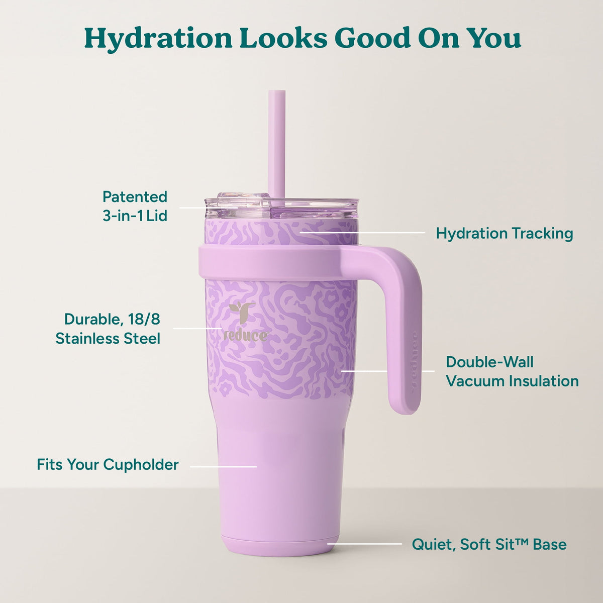 Reduce 24oz Cold1 Tumbler. Straw, Lid & Handle. Insulated Stainless Steel Travel Mug, Purple Daze