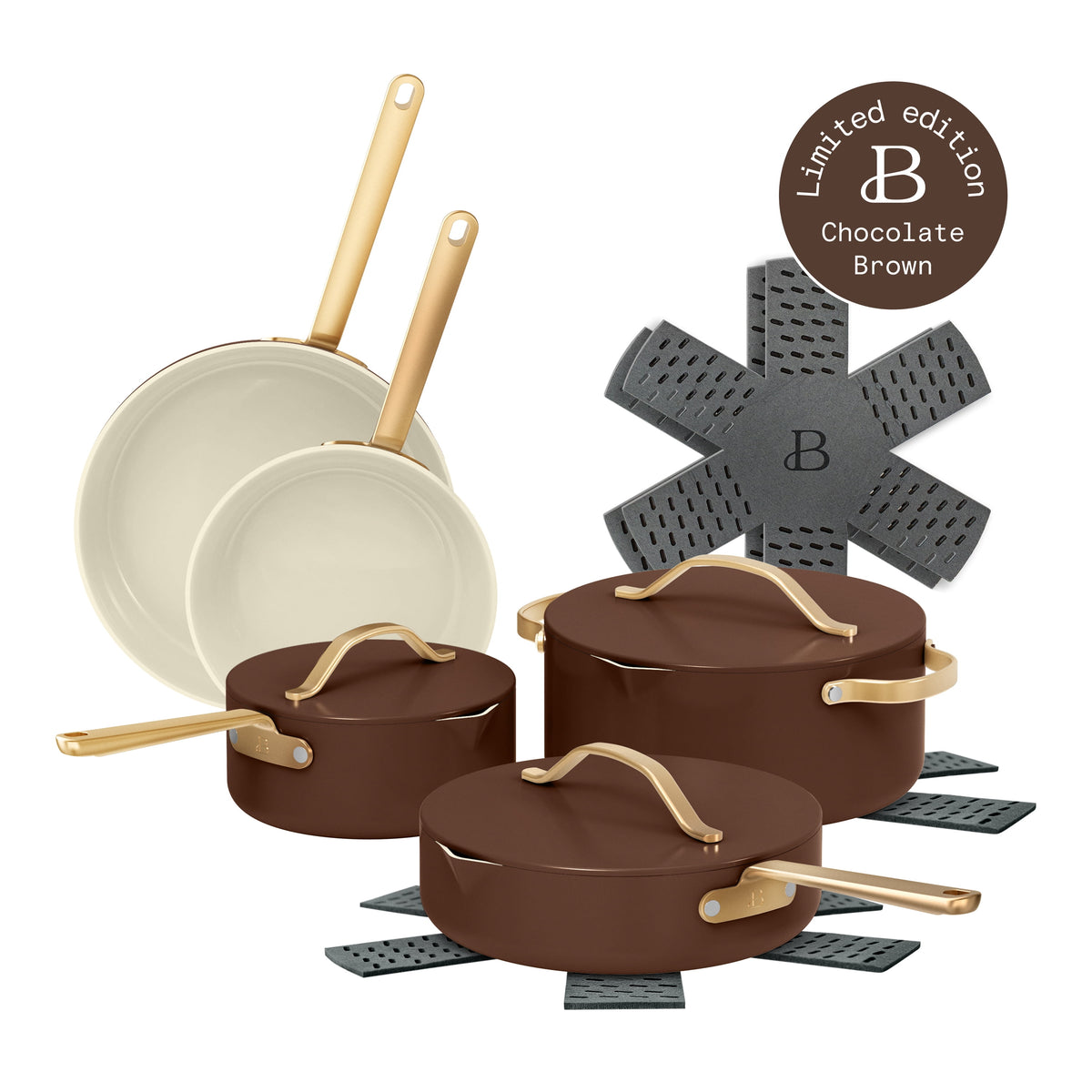 Beautiful 12-Piece Cookware Set, Pots and Pans with Strainer Lids and EverGood Ceramic Nonstick Coating, White Icing by Drew Barrymore
