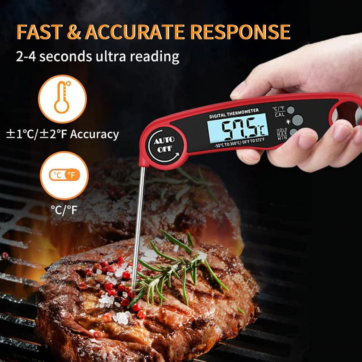 Yezivo Waterproof Meat Thermometer with Magnet, LED Display and Stainless Steel Probe, Instant Read Food Thermometer for Baking, Liquids, Candy, Grill Thermometer for Kitchen,BBQ,Party
