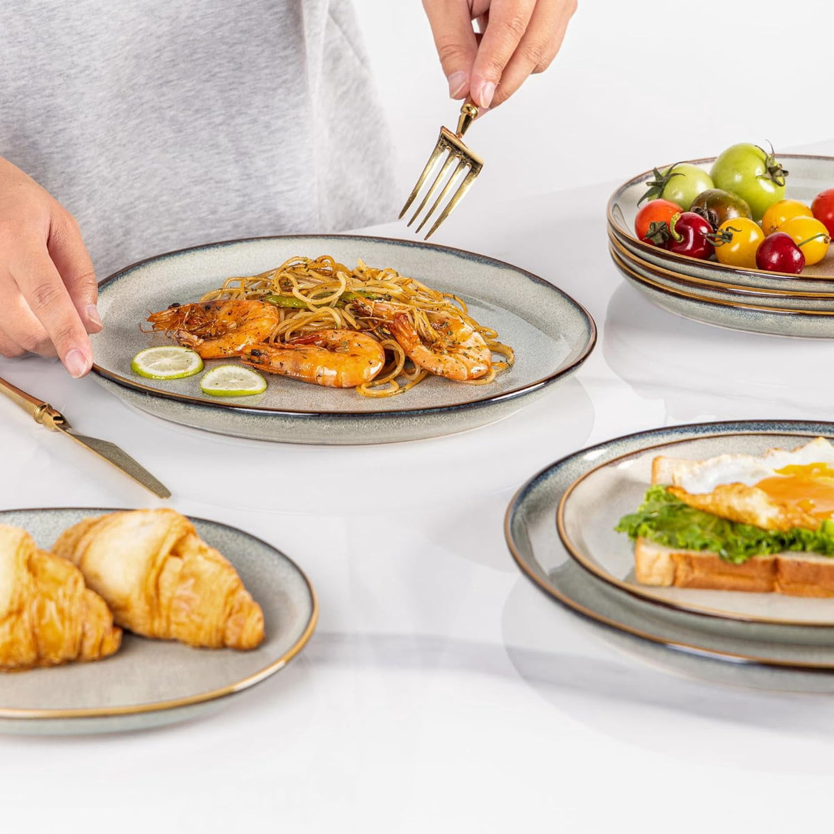 AmorArc Ceramic Plates Set of 6, 8.5 Inch Handmade Reactive Glaze Stoneware Plates set for Dessert, Salad, Appetizer, Dinner, Microwave & Dishwasher Safe, Scratch Resistant-Pearl White