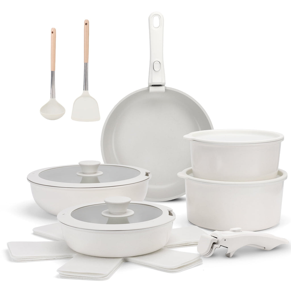 17 Piece Ceramic Pots and Pans Set Non Stick, Cookware Set with Detachable Handle, Oven Safe, Induction Ready, Stackable RV Kitchen Cooking Set Removable Handles, Cream White