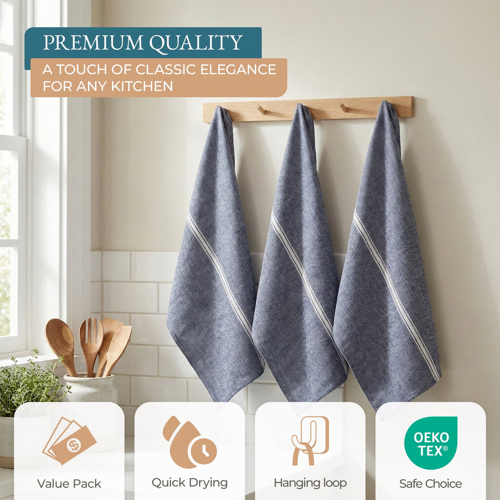 Kitchen Towels Set - 100% Pure Cotton Super Absorbent Hand Towel, Grey Tea Towels, Soft & Durable, Pack of 12 – 15”x25”, Grey Stripe