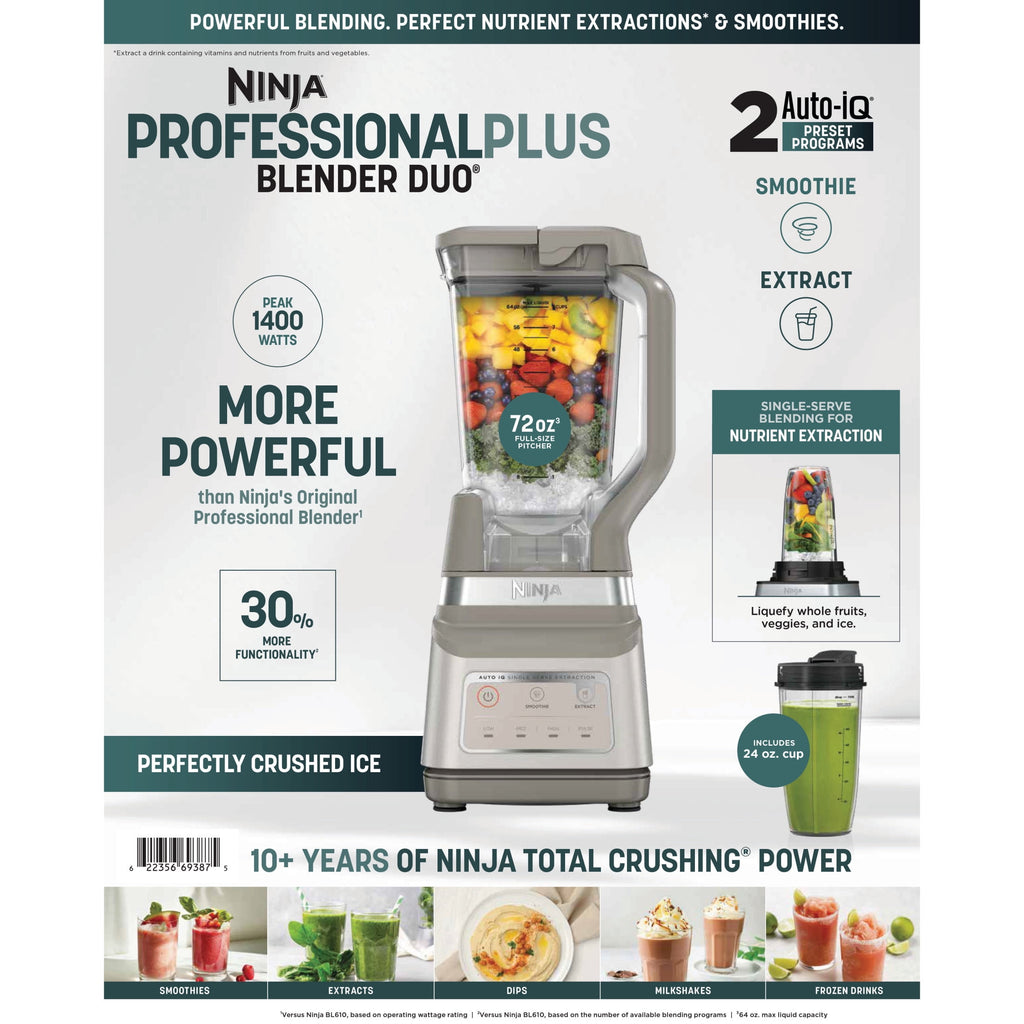 Ninja Professional Plus DUO 72-Oz Blender, Smoothies, Ice Crush, 2 Auto-iQ Preset Programs, 4 Speeds, 1400PW, BN750WH White