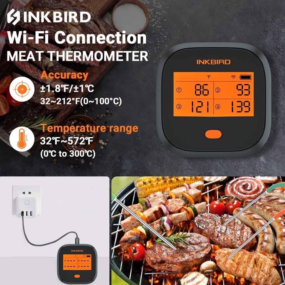 Inkbird WiFi&Bluetooth Meat Thermometer,4 Colored Probes Wireless BBQ GrillingThermometers for Barbecue ,Smoker,Oven | APP Calibration Temp Graph | Mobile Notification Timer Alarm